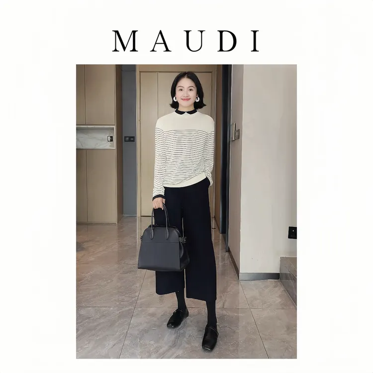 MAUDI极简高智秋冬新款针织假两件条纹上衣立领内搭针织衫8267