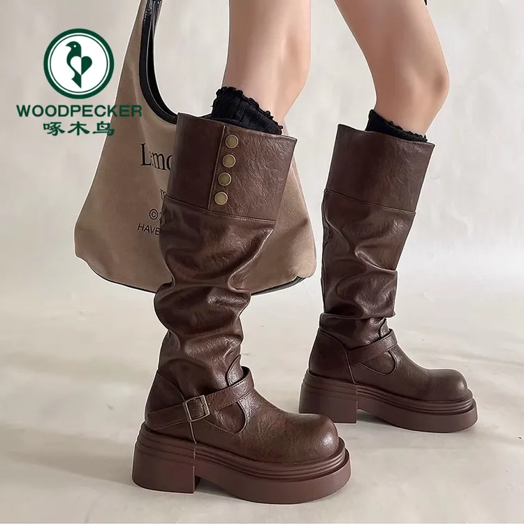 啄木鸟西部牛仔废土风长高筒靴子女2025春秋新款厚底堆堆靴骑士靴