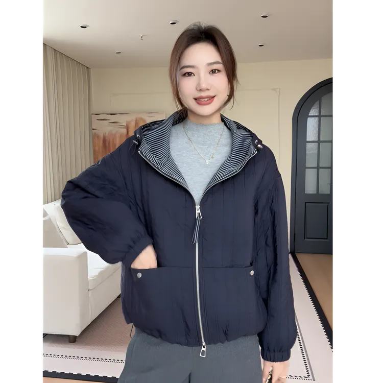 【余欢欢】冬季气质百搭简约拼色连帽下摆抽绳棉服外套-YHW50844