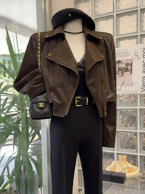 美拉德穿搭咖色皮衣外套女2025秋季新款小个子短款机车服夹克上衣