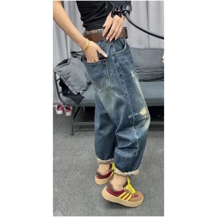 格洛森女装秋季新款高弹九分阔腿牛仔裤小个子高腰显瘦后兜老爹裤