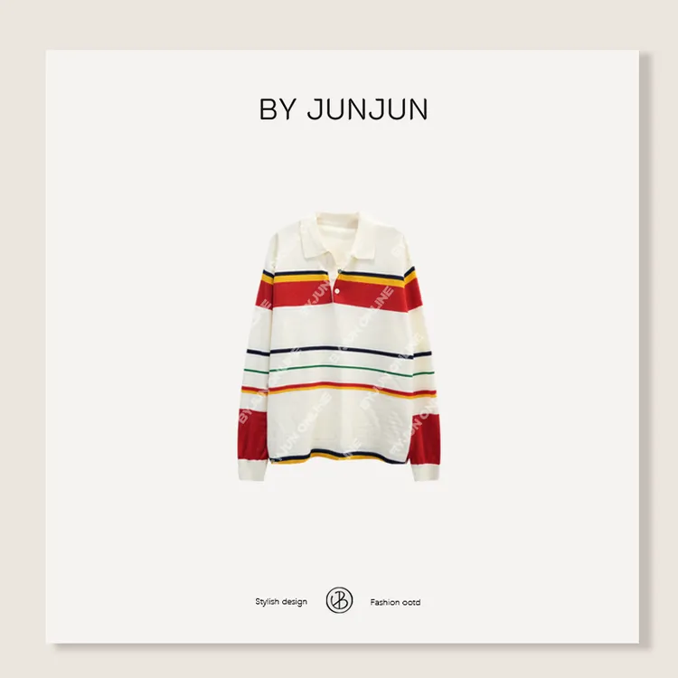 BYJUNJUN【突尼斯】羊毛拼色条纹长袖polo衫秋季新款女装
