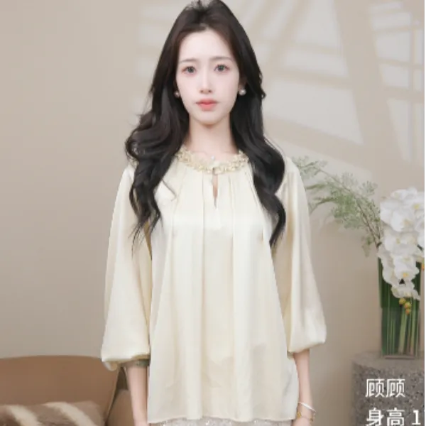 RONGYU绒郁轻奢裱花领桑蚕丝女衬衫时尚千重磅金清冷感贵法式衬衫