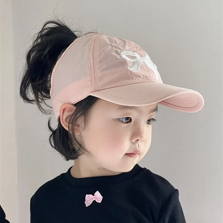 鸭舌帽儿童春夏季透气速干空顶帽女宝宝可扎马尾防晒帽大檐遮阳帽