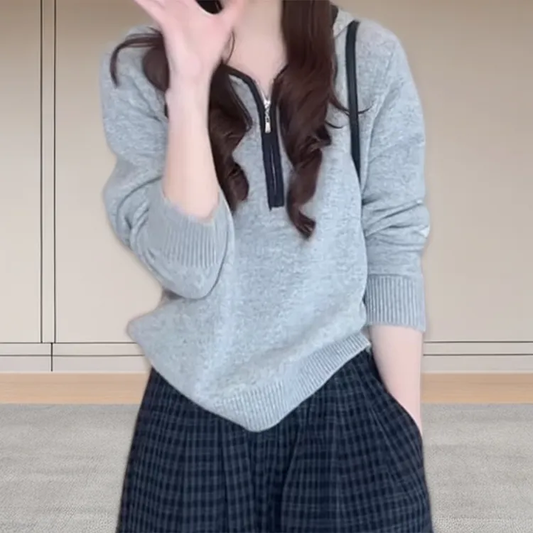 简约慵懒风休闲宽松针织帽衫撞色软糯半拉链连帽毛衣C6339