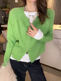 女装网红针织毛针织衫圆领短款百搭长袖韩版双拉链开衫