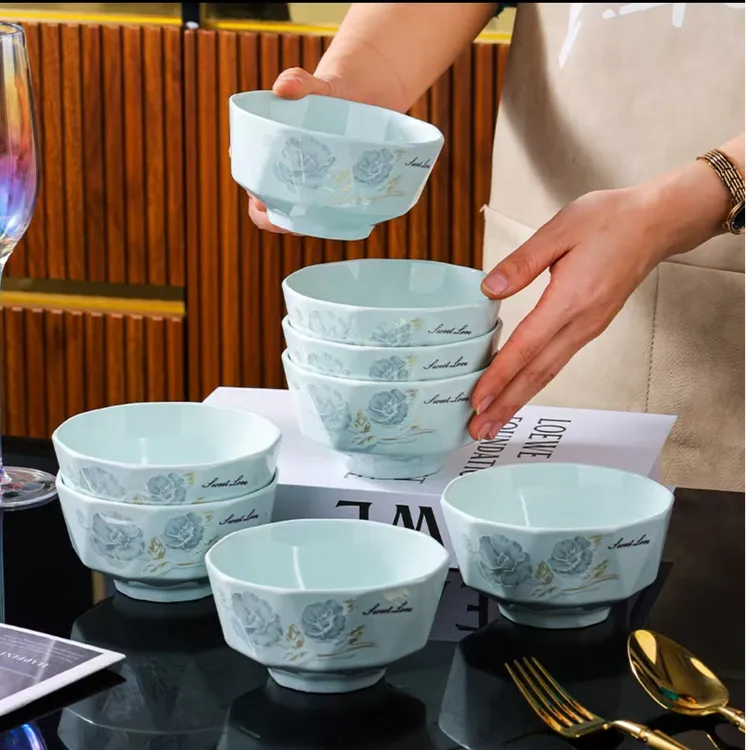 影青瓷甜蜜蜜4.5英寸米饭碗10个轻奢加厚中式乔迁欧式吃饭碗家用