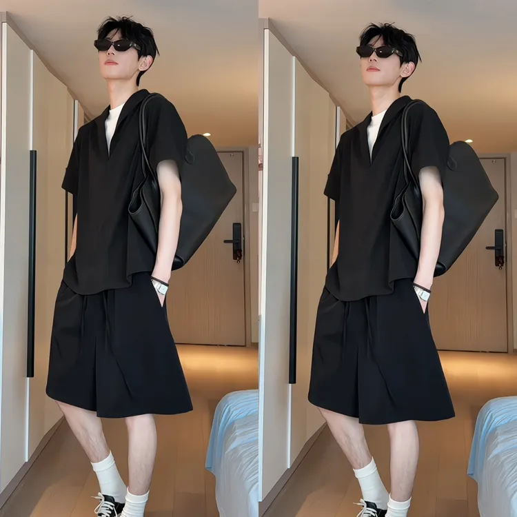 夏季男士高级感假两件老钱风套装薄款时尚衬衫半袖休闲短裤两件套