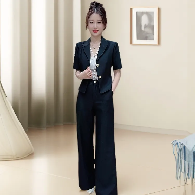 新款爆款黑色短袖气质职业休闲垂感夏季短款两件套修身西装套装