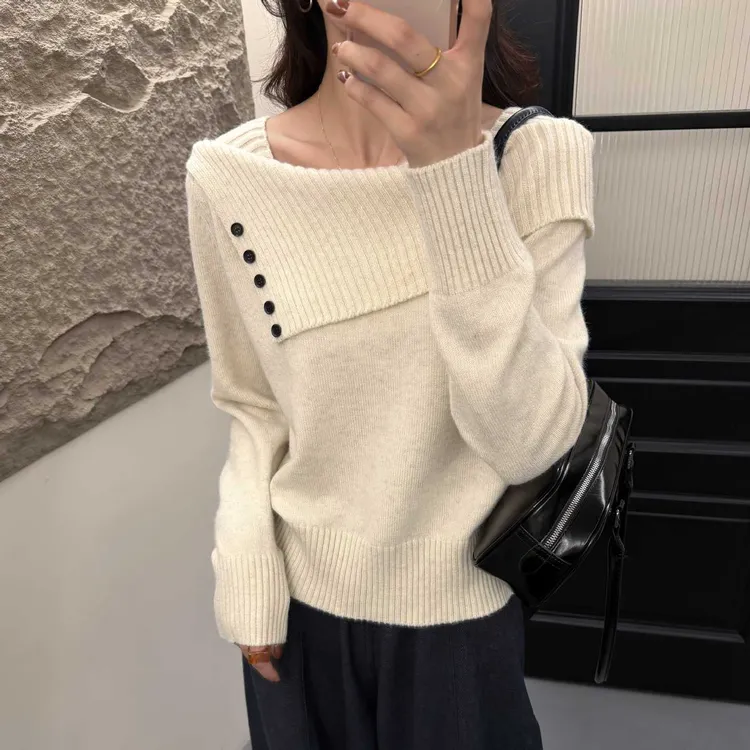 2025年设计感毛衣时尚百搭洋气气质长袖一字肩针织上衣女W2-29
