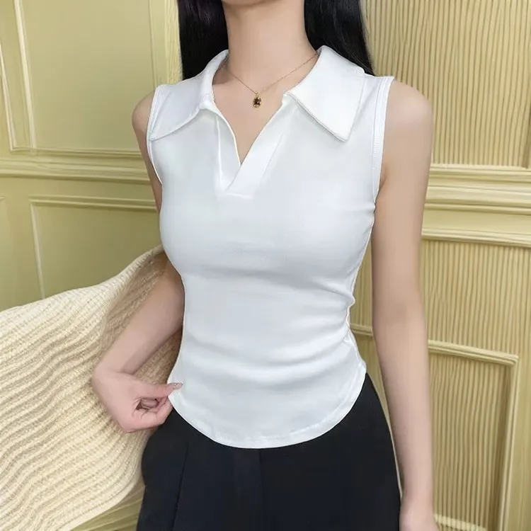 轻职风短款纯欲无袖polo翻领v领白色吊带极简风修身型背心女118
