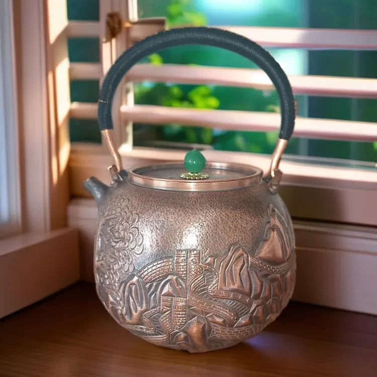 纯手工紫铜壶一张打制作，镜面万里长城壶。大容量锤纹家用水壶复古