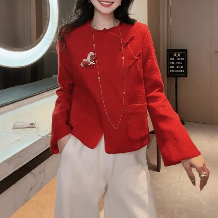 新年喜庆红色衬衫女秋冬新款宽松国风中式设计感斜襟盘扣长袖上衣