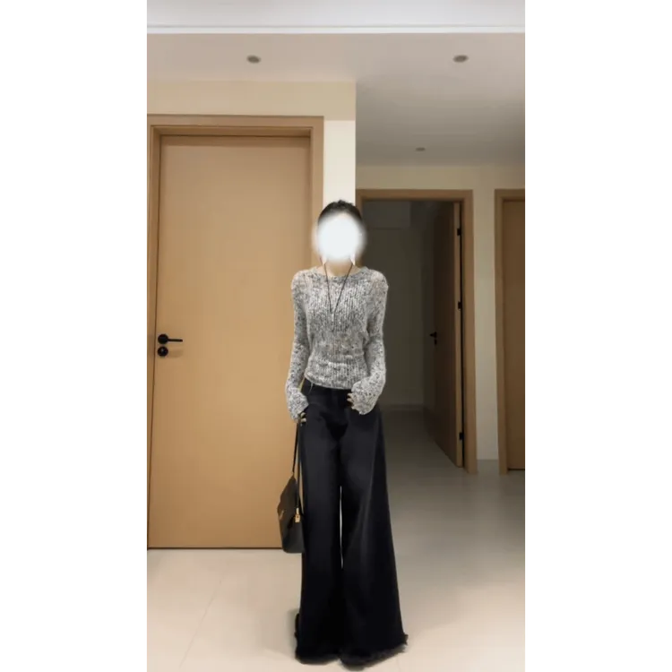 2025早秋新款韩系轻熟风绑带收腰镂空罩衫上衣高腰气质长裤两件套