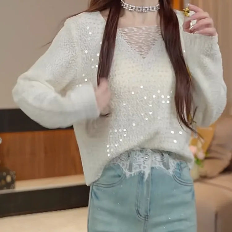 设计感亮片磨破修身打底衫针织衫女2025春款时尚韩系长袖套头上衣