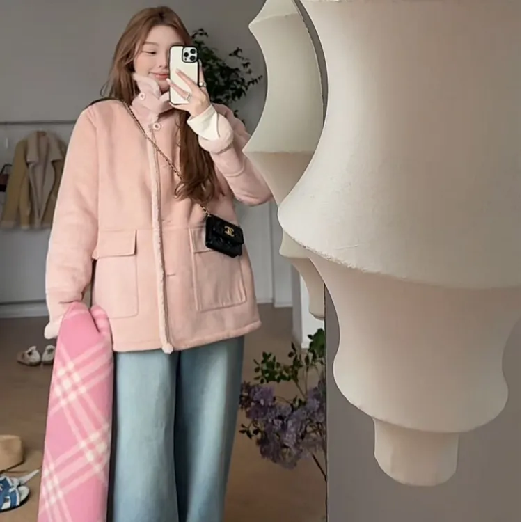 【瘦瘦】莓果可露丽-大码翻领麂显瘦保暖机车风外套S02217