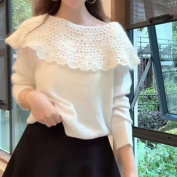 秋季新款韩系镂空翻领设计软糯长袖套头针织上衣C6252