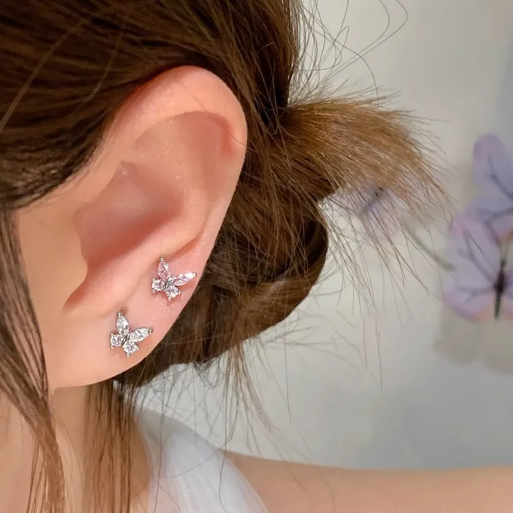 钛钢耳饰 炫彩蝴蝶钛钢耳钉女平底螺丝耳骨钉睡觉免摘耳蜗钉耳饰