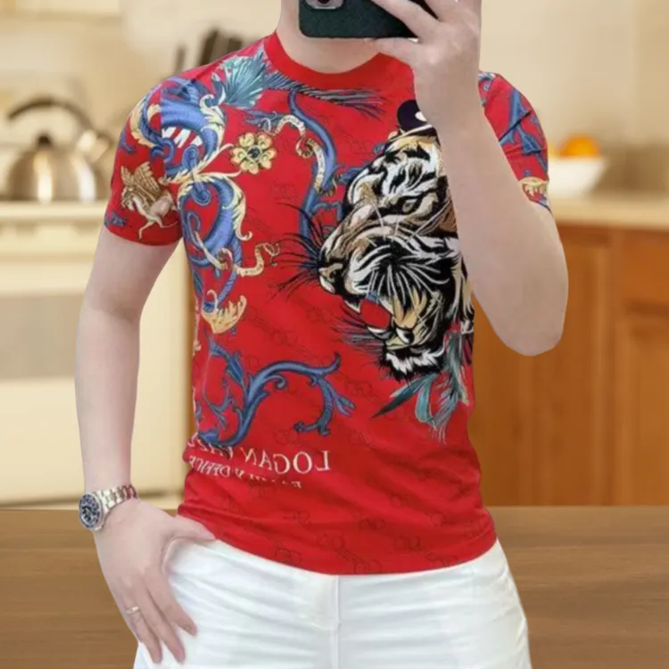 新款2025年夏季圆领男士短袖T恤潮流修身3D印花老虎时尚帅气体恤