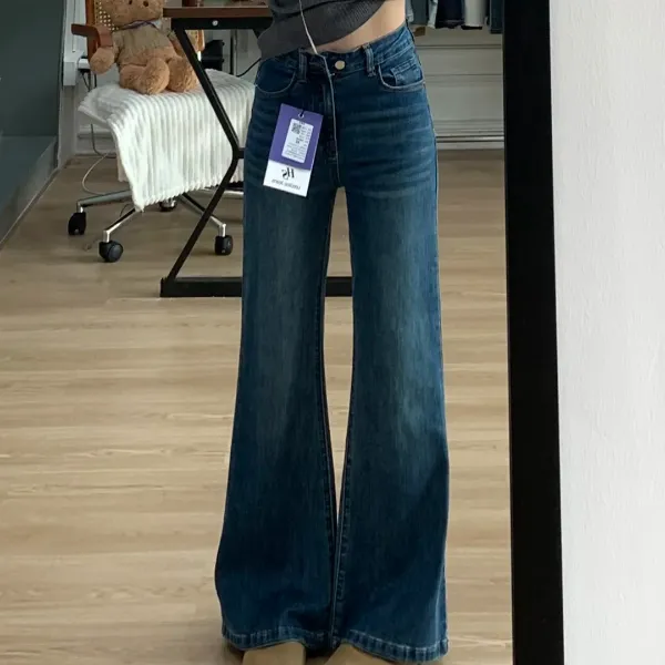 拉夏贝尔复古刺绣微喇牛仔裤女2025秋季新款高级感显瘦弹力喇叭裤