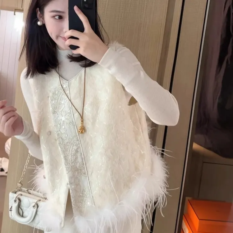 中式国风亮片毛毛马甲背心女2025新款气质优雅减龄百搭小个子上衣