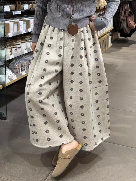 复古花朵毛呢阔腿裤女秋冬季新款高腰a字宽松显瘦八分直筒休闲裤