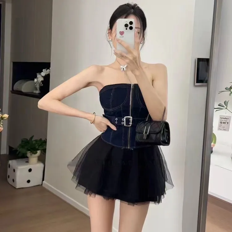 性感辣妹复古牛仔抹胸女2025夏季新款别致上衣高腰显瘦百搭半身裙