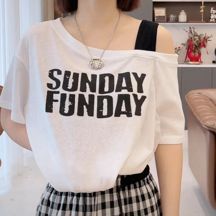 圆领套头设计感时尚百搭短袖T恤女2025夏季新款字母图案显瘦上衣
