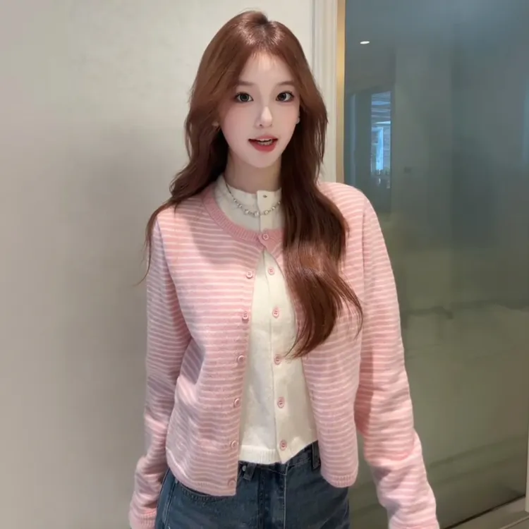 韩系粉色假两件针织开衫女撞色条纹外套2025秋冬季新款氛围感上衣