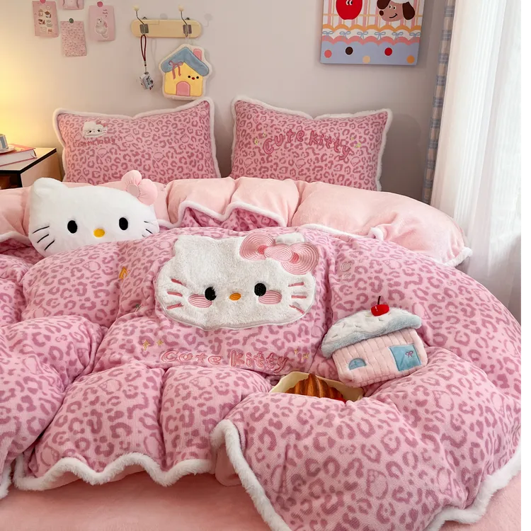 豹纹牛奶绒四件套可爱女孩床单被套冬季珊瑚绒床上加绒三件套床笠