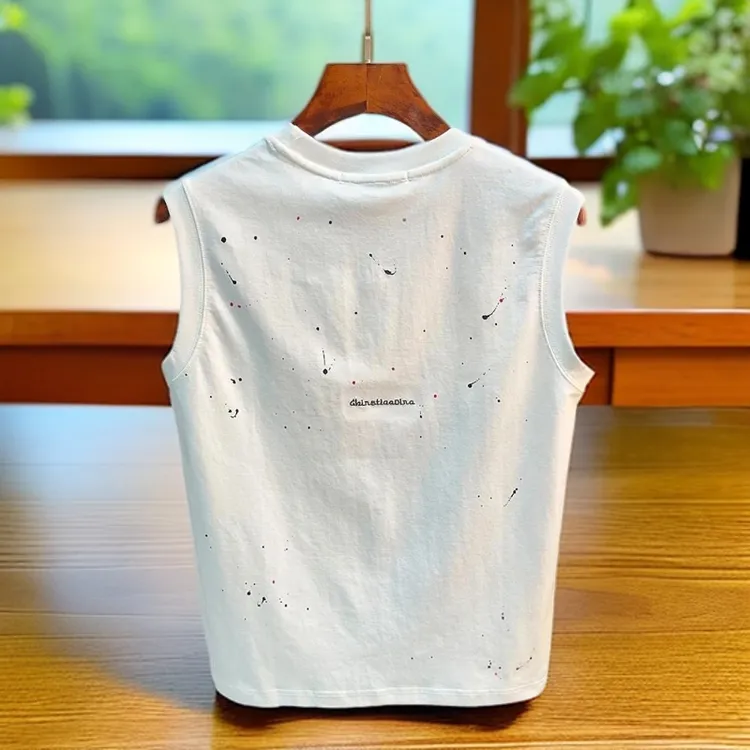 新款夏季休闲背心打底T恤男潮流漆点宽松坎肩无袖体恤运动汗衫
