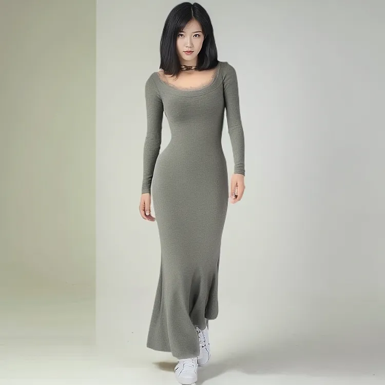 蕾丝拼接方领长袖连衣裙女秋季修身纯欲鱼尾长裙灰色收腰包臀裙子