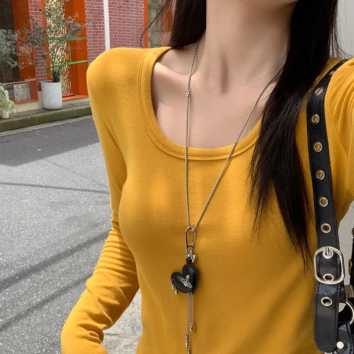 黄色U领正肩长袖T恤女2025早秋新款内搭打底衫修身外穿上衣
