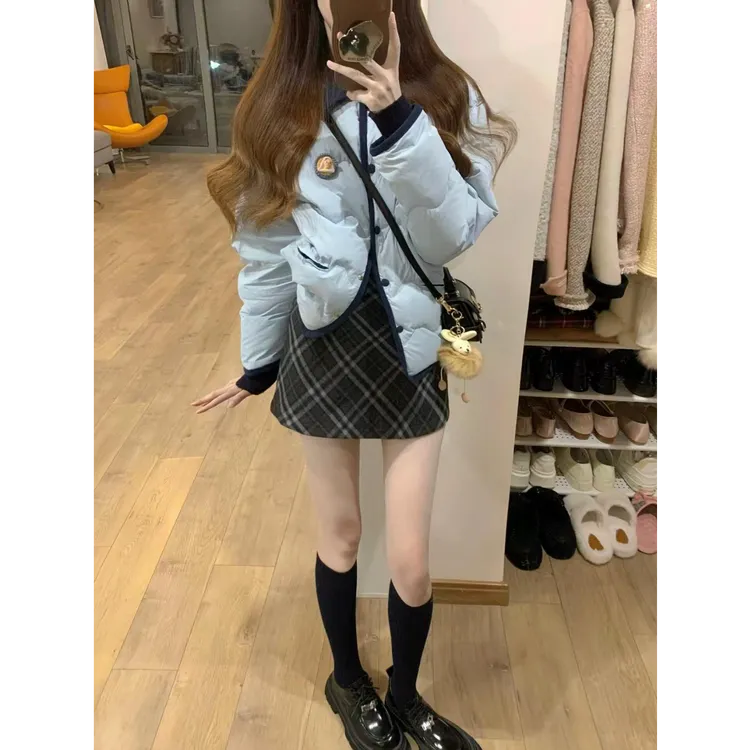2025秋冬新款韩系学院风甜美显瘦加厚棉服外套配高腰格纹短裙套装