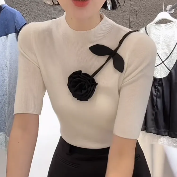 2025春秋季新款女士立体花朵针织衫中袖修身上衣百搭内搭打底小衫