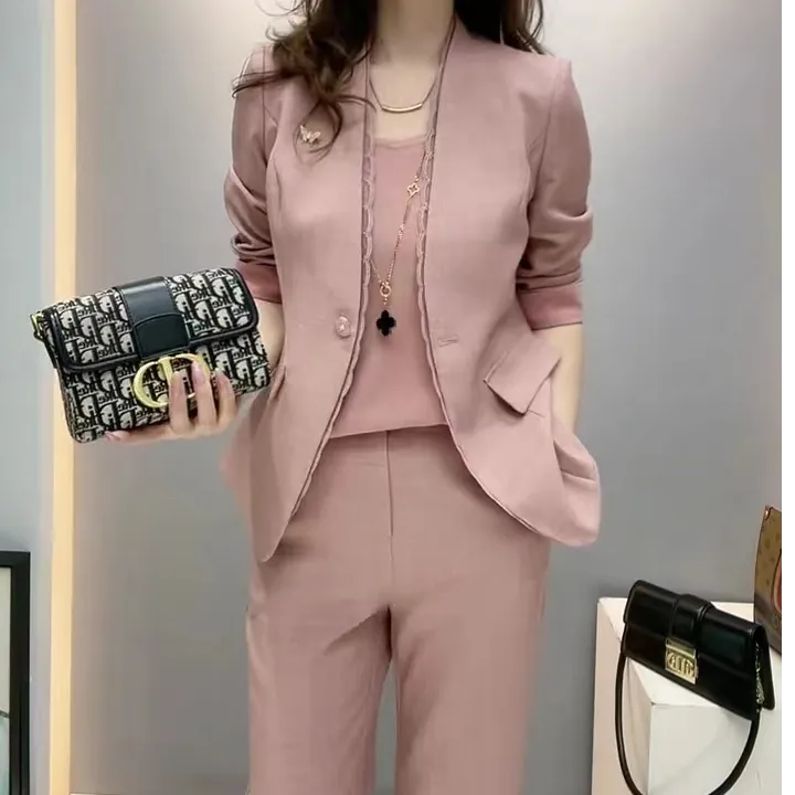 高级感干练气质轻熟风套装女春夏修身西服外套+高腰微喇裤三件套