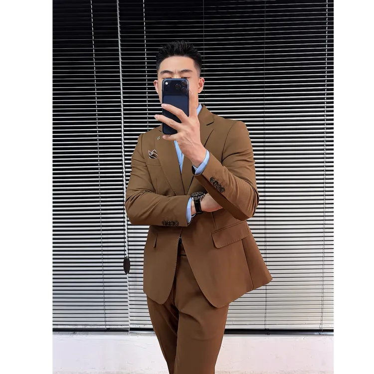 西装套装男免烫抗皱复古纯色西装两件套西服修身韩版男士时尚休闲