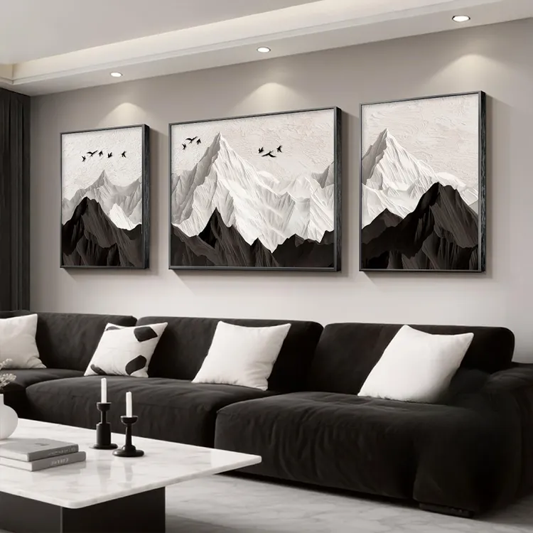背有靠山客厅装饰画现代简约沙发背景墙挂画黑白灰高级感三联壁画