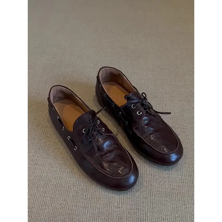 牛皮版~英伦复古圆头系带小皮鞋女简约通勤平底单鞋乐福鞋一脚蹬