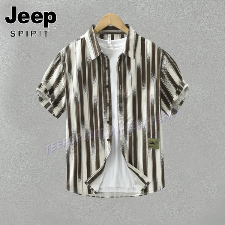 Jeep吉普日系条纹男士短袖衬衫休闲宽松透气上衣夏季薄款翻领衬衣