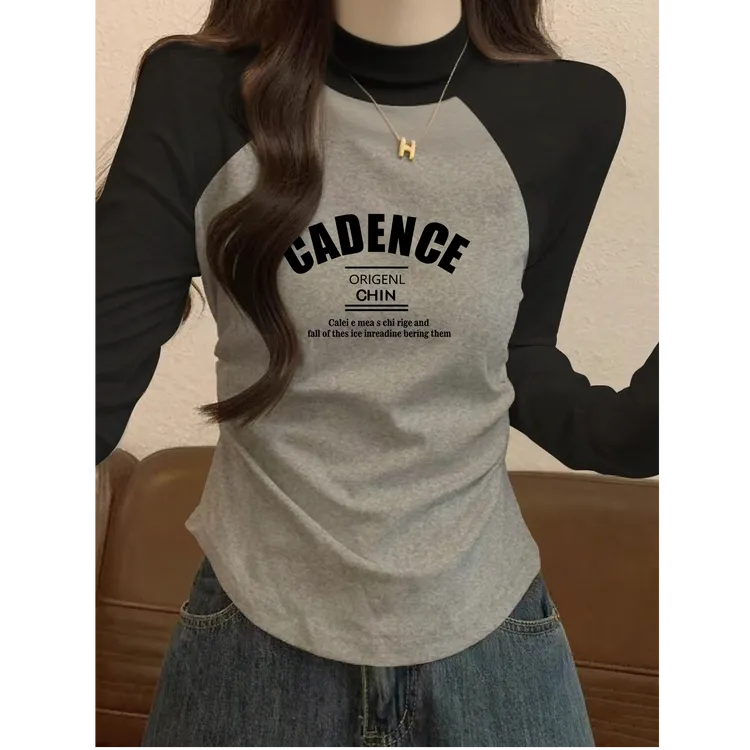 修身衣服设计感小众撞色插肩长袖t恤女早秋内搭短款打底衫辣妹