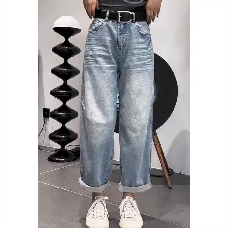 艾塔莉遮肉阔腿牛仔裤女早春新款胖mm显瘦大码直筒裤弯刀裤小个子