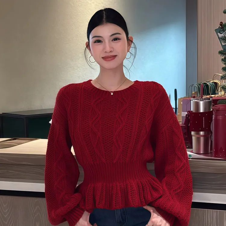 法式气质灯笼袖圆领长袖针织毛衣女秋冬新款收腰显瘦时尚穿搭上衣