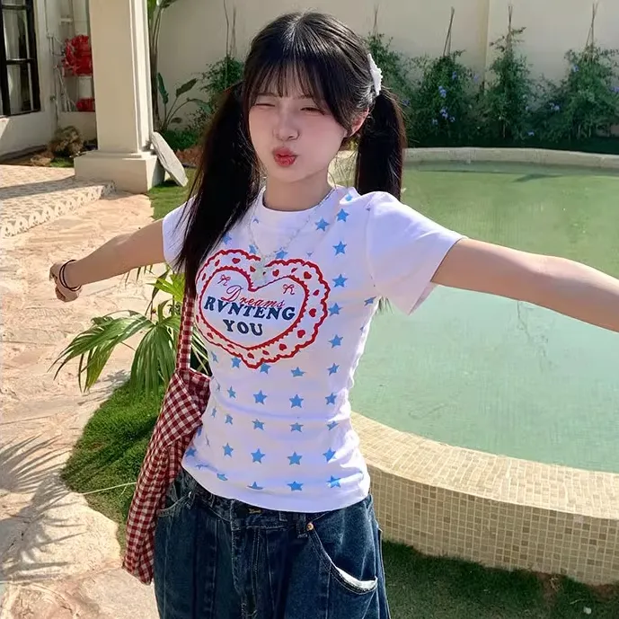 辣妹正肩短袖t恤女星星满印爱心圆领上衣女修身显瘦白色韩版女装