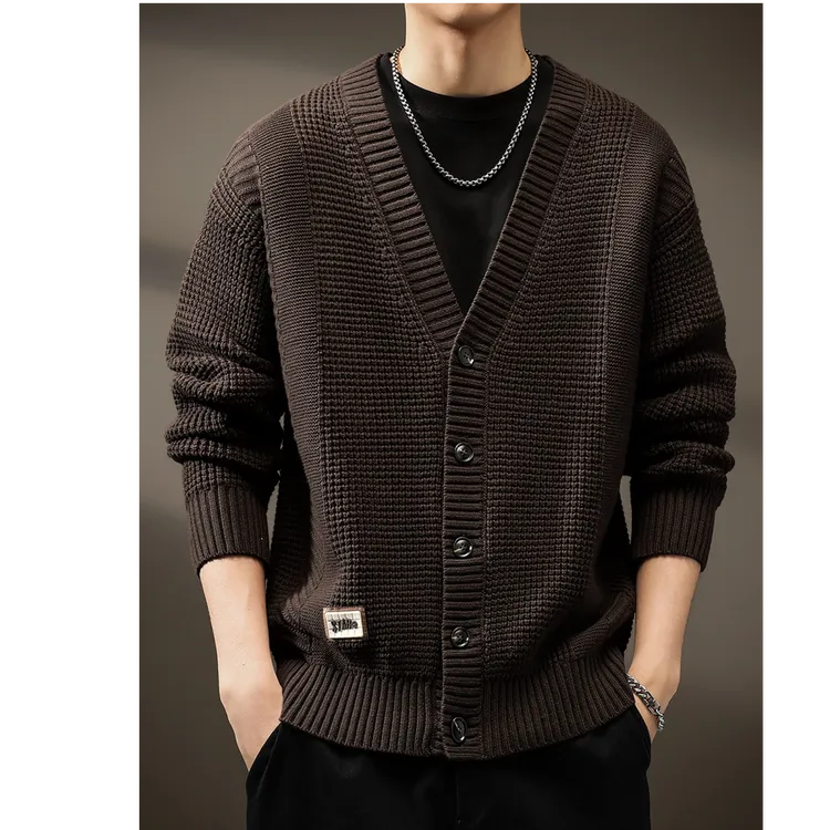 富比莫维复古重磅开衫毛衣男秋季宽松休闲厚款V领针织衫毛衣外套
