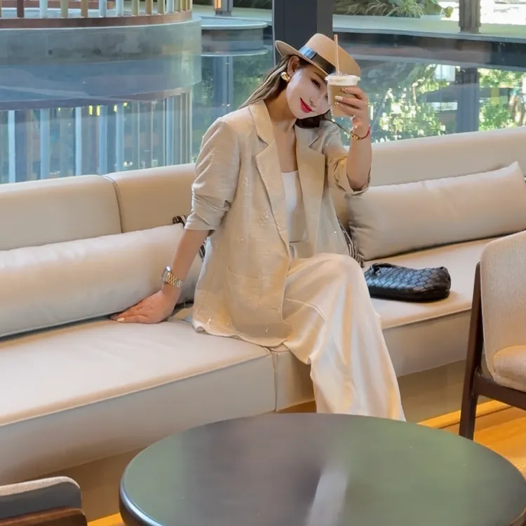 2025夏季【书页时光】老钱风时尚休闲宽松百搭镂空钉珠刺绣长袖西装