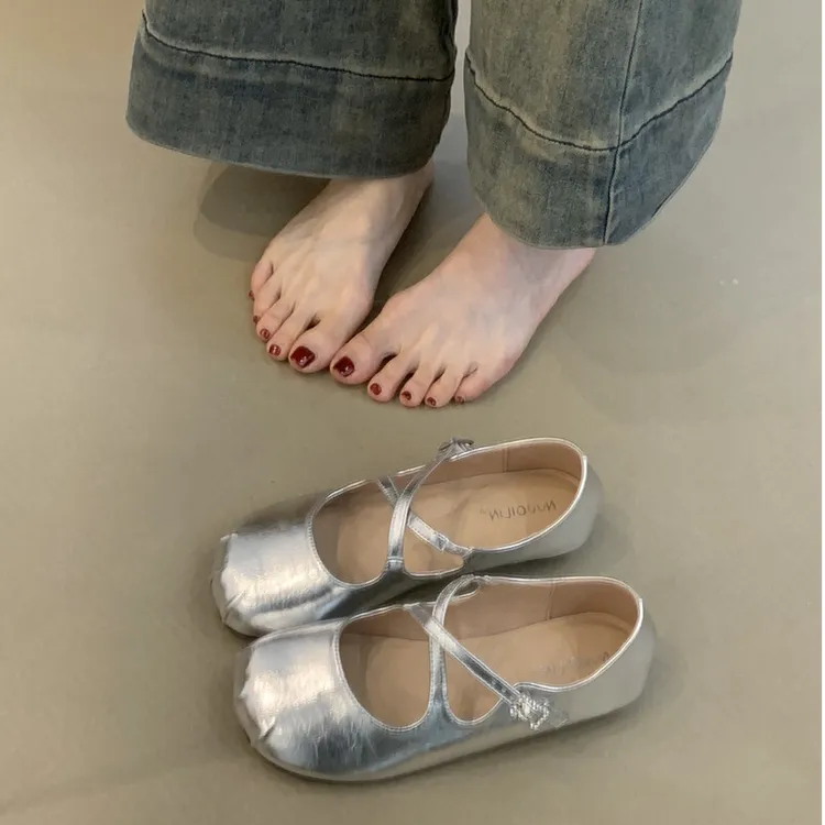 NQL-6788-2法式银色玛丽珍鞋温柔可爱仙女风交叉平底芭蕾单鞋