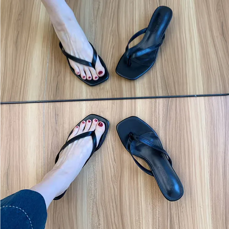 羊皮版！人字拖港风夹趾凉拖鞋高跟拖鞋夏季简约方头拖鞋凉鞋外穿 
