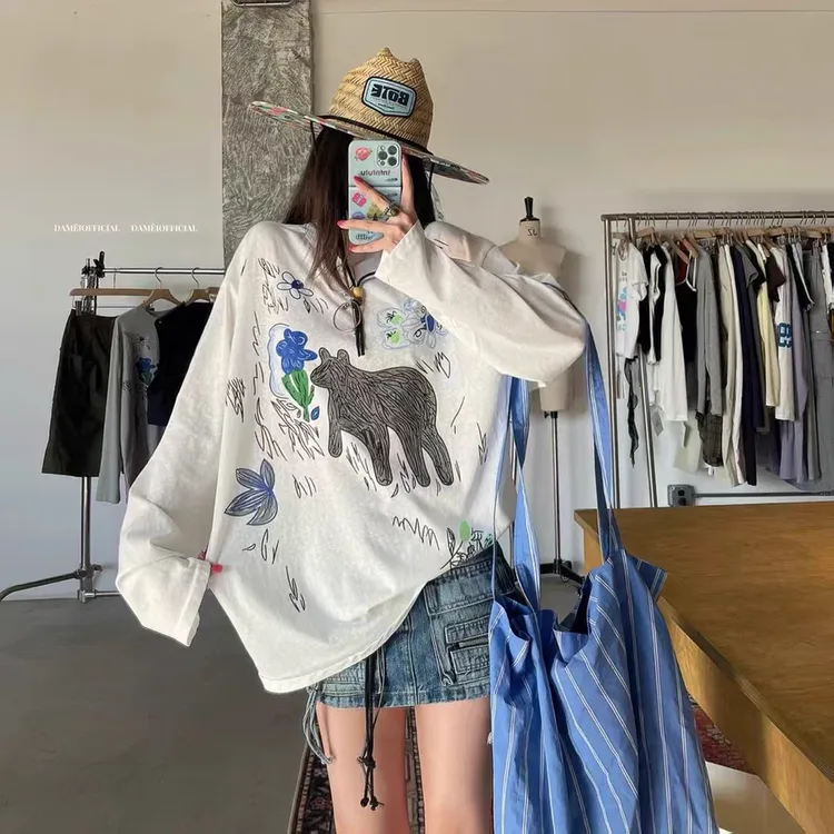 韩系涂鸦卡通印花长袖T恤女2025夏季宽松休闲百搭休闲上衣防晒衫N