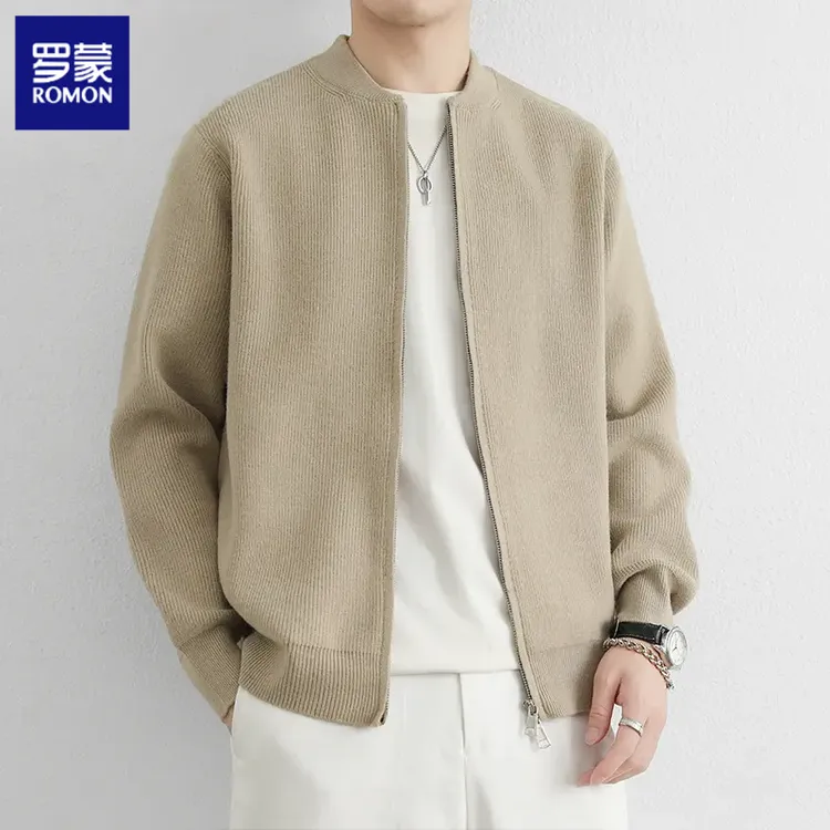 罗蒙棒球领开衫时尚纯色毛衣男装夹克外套秋冬季潮流百搭款针织衫